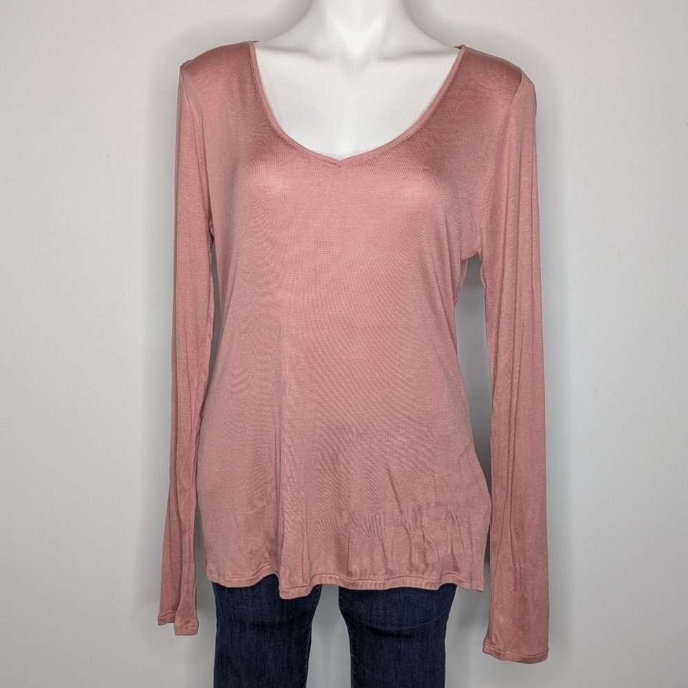 NWT WHBM Pink Sheer V Neck Long Sleeve Layering Tee Knit T-shirt M